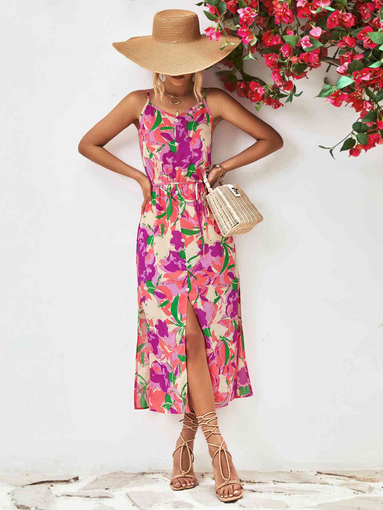 Tropical Spaghetti Strap Front Slit Dress