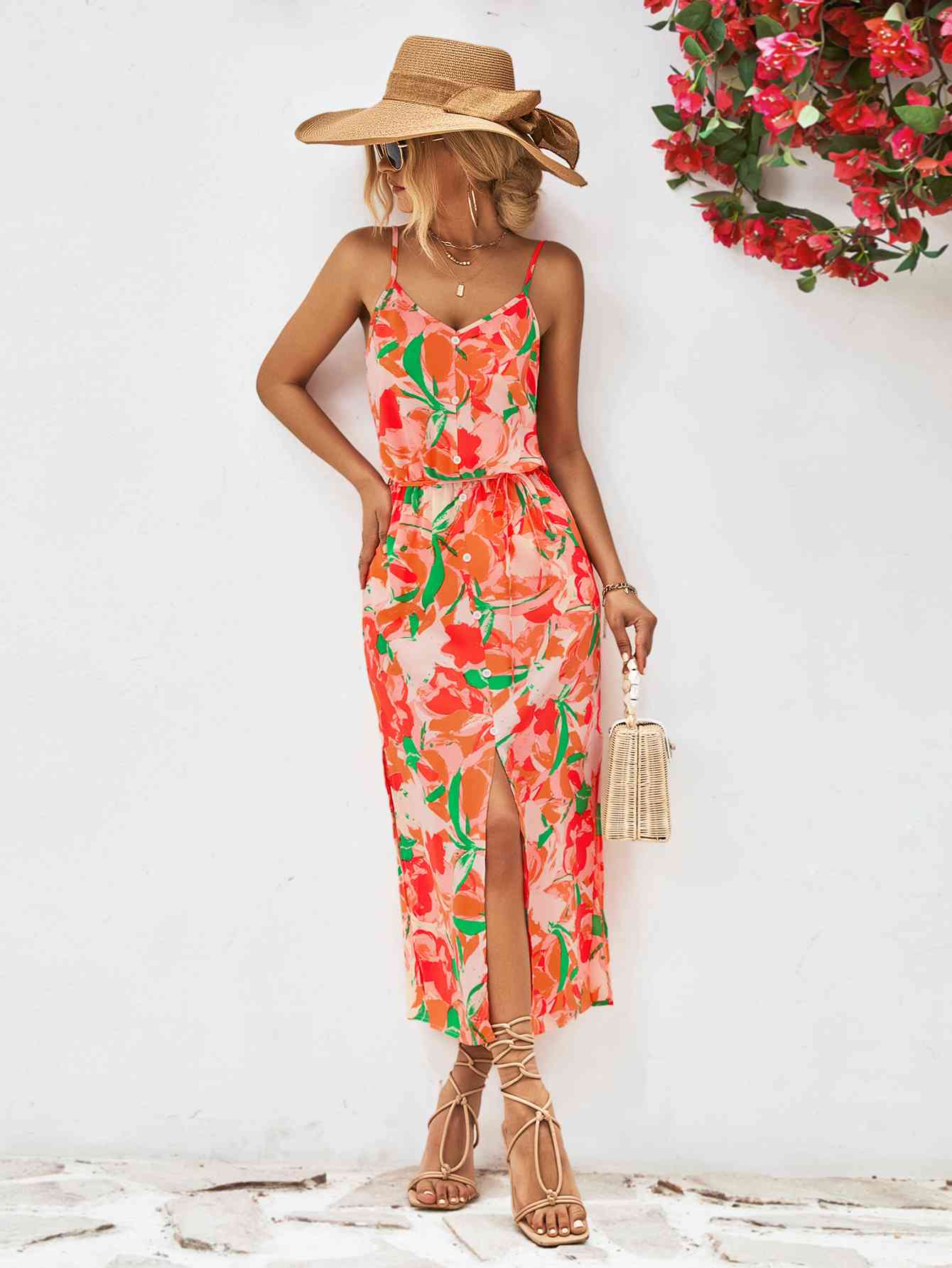 Tropical Spaghetti Strap Front Slit Dress