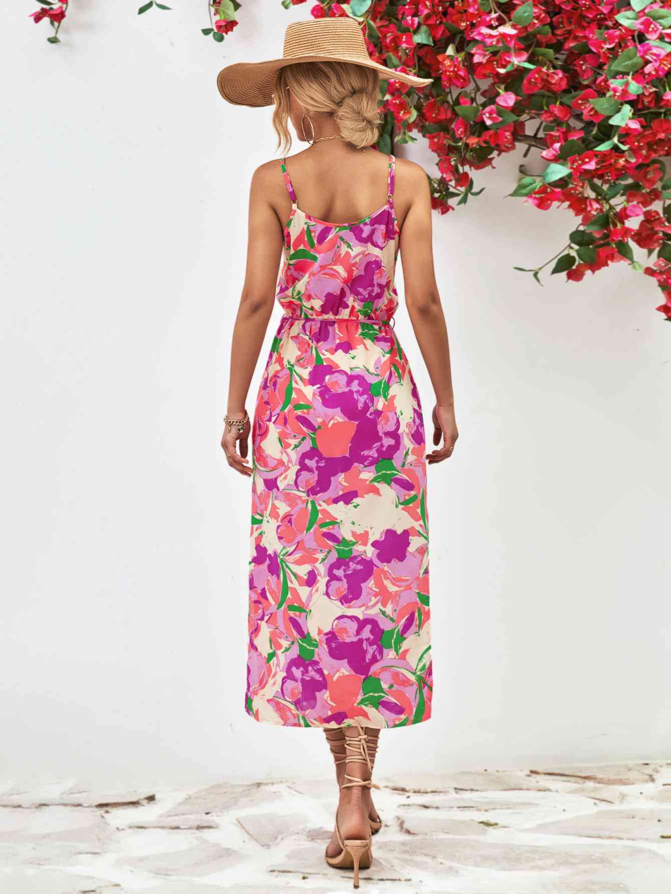 Tropical Spaghetti Strap Front Slit Dress